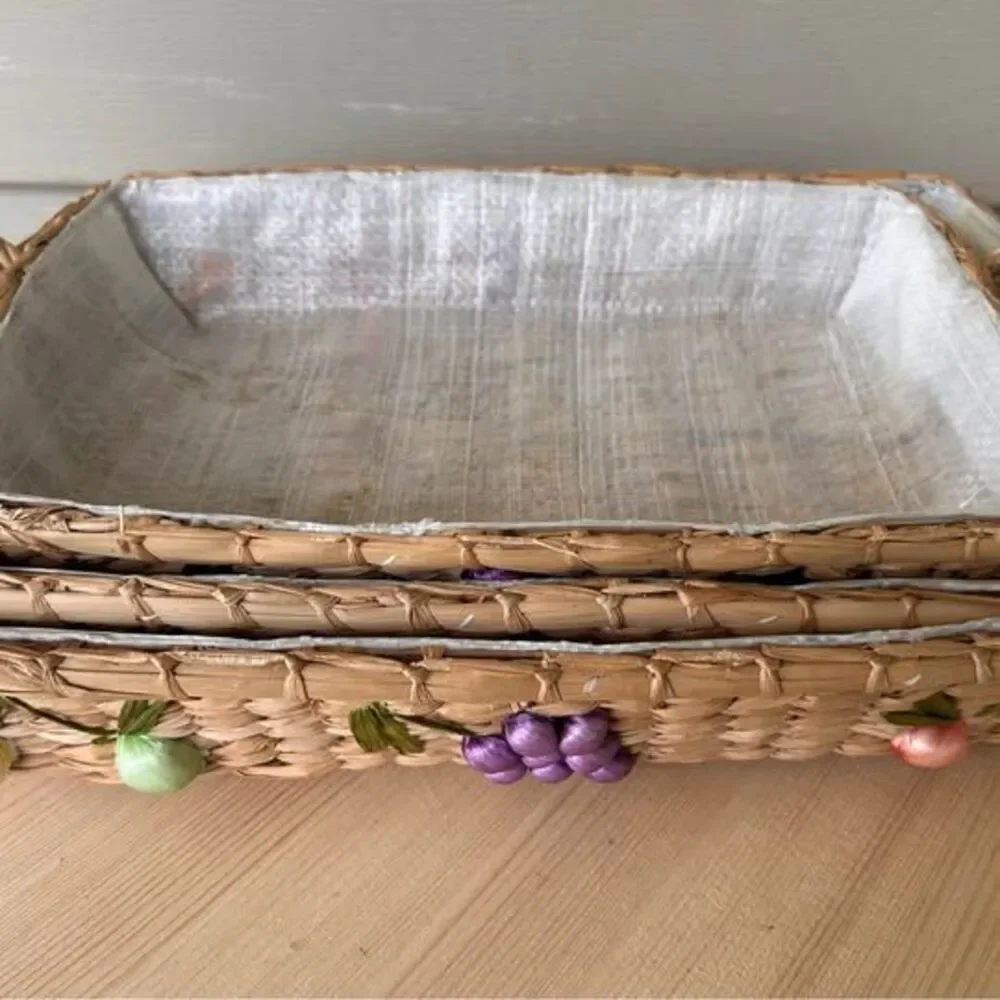 Three Vintage Woven Rectangle Baskets With Raffia Fruit
